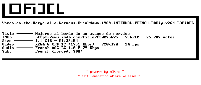 NFO for the release Women.on.the.Verge.of.a.Nervous.Breakdown.1988.iNTERNAL.FRENCH.BDRip.x264-LOFiDEL by LOFiDEL