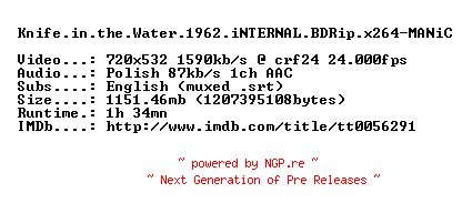 NFO for the release Knife.in.the.Water.1962.iNTERNAL.BDRip.x264-MANiC by MANiC