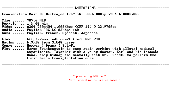 NFO for the release Frankenstein.Must.Be.Destroyed.1969.iNTERNAL.BDRip.x264-LiBRARiANS by LiBRARiANS