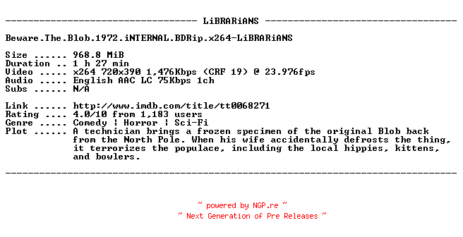 NFO for the release Beware.The.Blob.1972.iNTERNAL.BDRip.x264-LiBRARiANS by LiBRARiANS