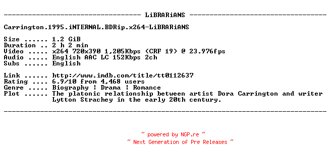 NFO for the release Carrington.1995.iNTERNAL.BDRip.x264-LiBRARiANS by LiBRARiANS