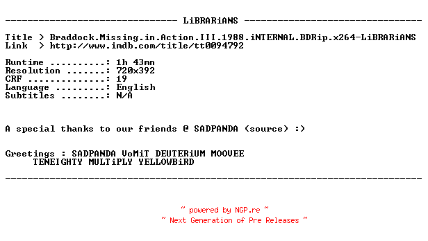 NFO for the release Braddock.Missing.in.Action.III.1988.iNTERNAL.BDRip.x264-LiBRARiANS by LiBRARiANS