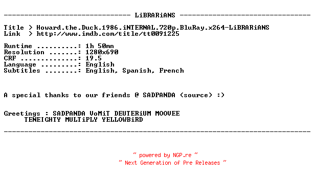 NFO for the release Howard.the.Duck.1986.iNTERNAL.720p.BluRay.x264-LiBRARiANS by LiBRARiANS