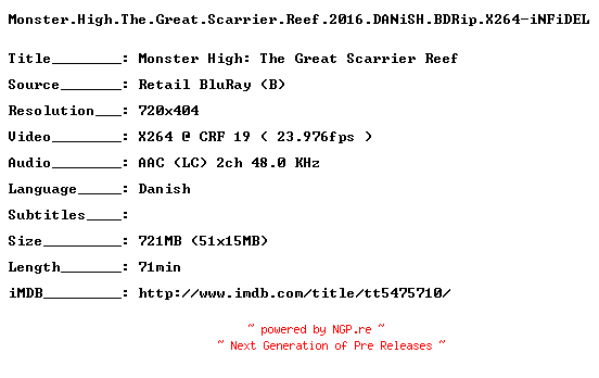 NFO for the release Monster.High.The.Great.Scarrier.Reef.2016.DANiSH.BDRip.X264-iNFiDEL by iNFiDEL
