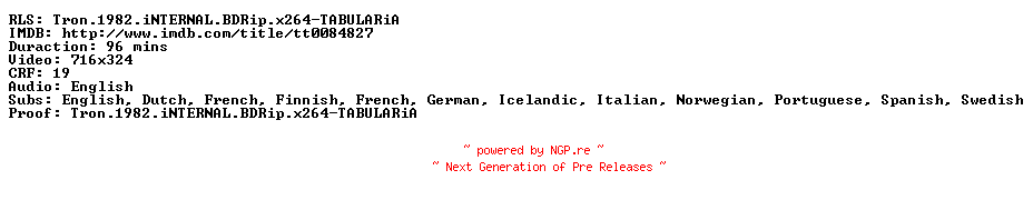 NFO for the release Tron.1982.iNTERNAL.BDRip.x264-TABULARiA by TABULARiA