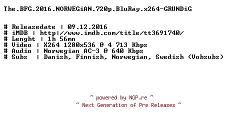 NFO for the release The.BFG.2016.NORWEGiAN.720p.BluRay.x264-GRUNDiG by GRUNDiG