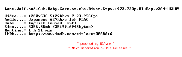 NFO for the release Lone.Wolf.and.Cub.Baby.Cart.at.the.River.Styx.1972.720p.BluRay.x264-USURY by USURY