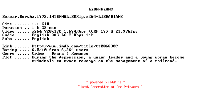 NFO for the release Boxcar.Bertha.1972.iNTERNAL.BDRip.x264-LiBRARiANS by LiBRARiANS