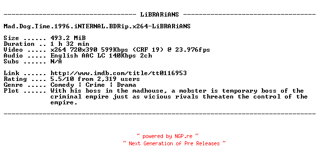 NFO for the release Mad.Dog.Time.1996.iNTERNAL.BDRip.x264-LiBRARiANS by LiBRARiANS