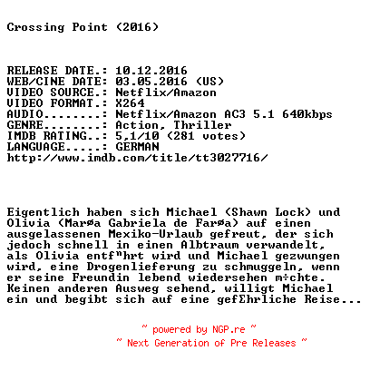 NFO for the release Crossing.Point.2016.German.WebRip.x264-SLG by SLG