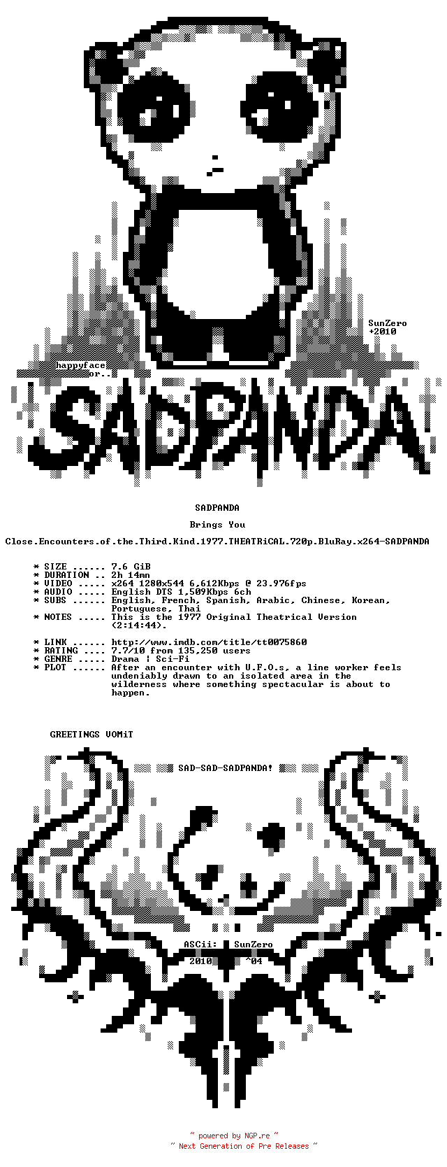 NFO for the release Close.Encounters.of.the.Third.Kind.1977.THEATRiCAL.720p.BluRay.x264-SADPANDA by SADPANDA