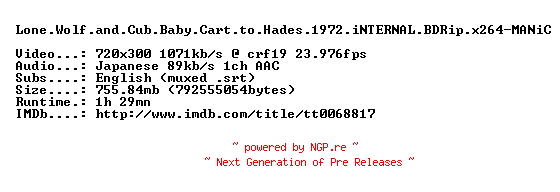 NFO for the release Lone.Wolf.and.Cub.Baby.Cart.to.Hades.1972.iNTERNAL.BDRip.x264-MANiC by MANiC