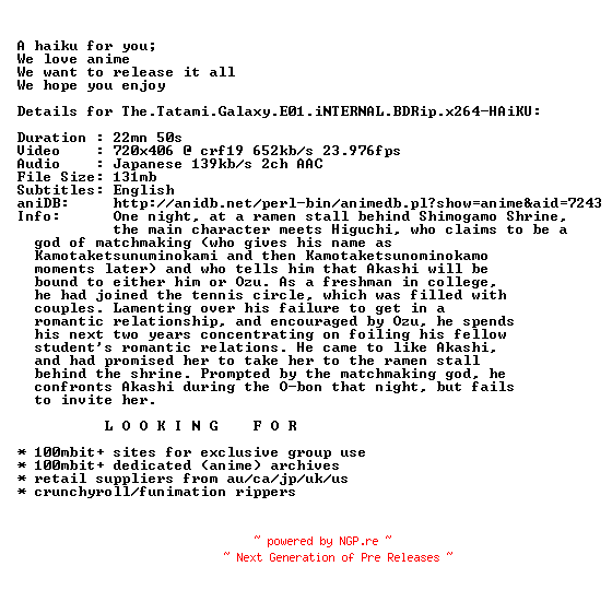 NFO for the release The.Tatami.Galaxy.E01.iNTERNAL.BDRip.x264-HAiKU by HAiKU