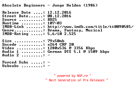 NFO for the release Absolute.Beginners.Junge.Helden.1986.German.720p.BluRay.x264-SPiCY by SPiCY