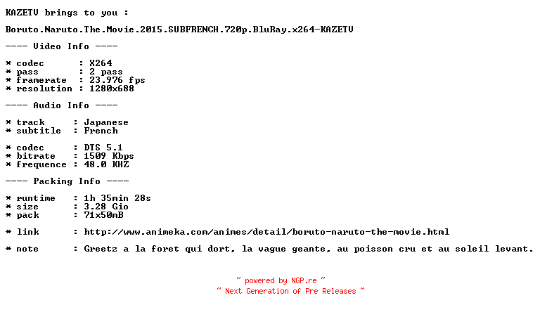 NFO for the release Boruto.Naruto.The.Movie.2015.SUBFRENCH.720p.BluRay.x264-KAZETV by KAZETV