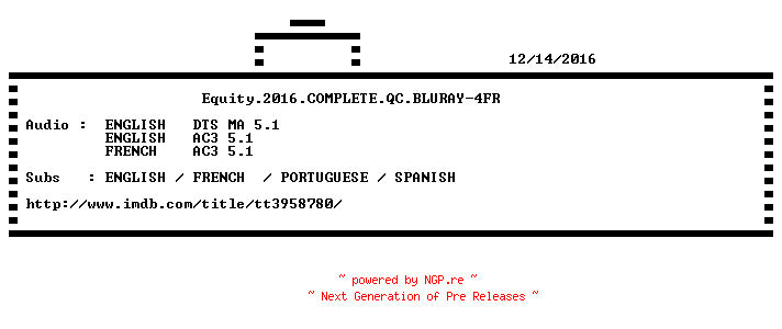 NFO for the release Equity.2016.COMPLETE.QC.BLURAY-4FR by 4FR