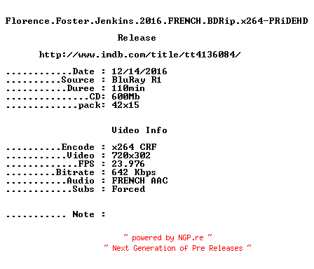 NFO for the release Florence.Foster.Jenkins.2016.FRENCH.BDRip.x264-PRiDEHD by PRiDEHD