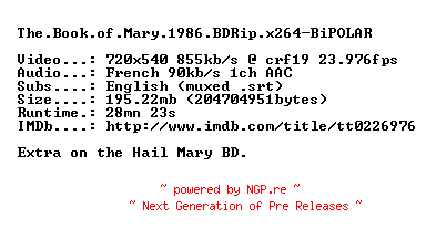 NFO for the release The.Book.of.Mary.1986.BDRip.x264-BiPOLAR by BiPOLAR