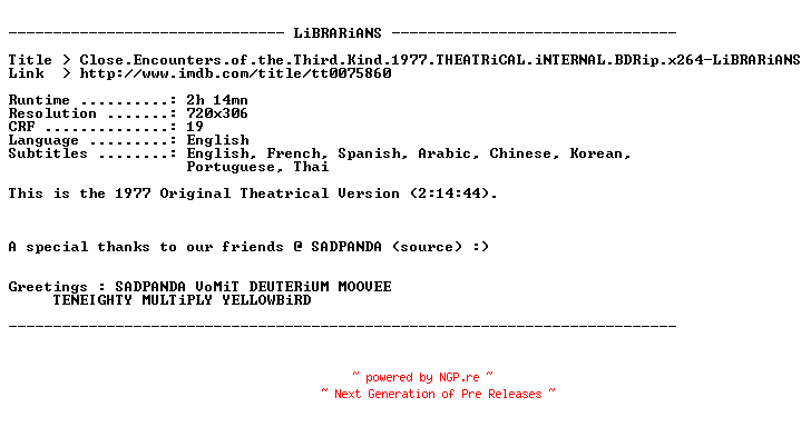 NFO for the release Close.Encounters.of.the.Third.Kind.1977.THEATRiCAL.iNTERNAL.BDRip.x264-LiBRARiANS by LiBRARiANS