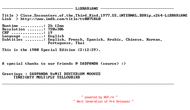 NFO for the release Close.Encounters.of.the.Third.Kind.1977.SE.iNTERNAL.BDRip.x264-LiBRARiANS by LiBRARiANS
