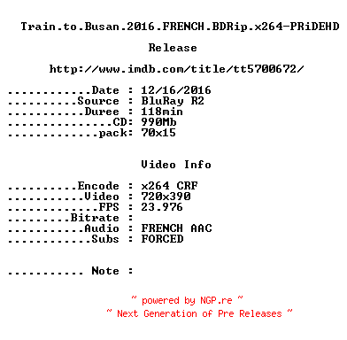 NFO for the release Train.to.Busan.2016.FRENCH.BDRip.x264-PRiDEHD by PRiDEHD