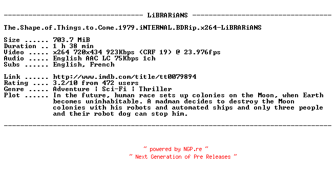 NFO for the release The.Shape.of.Things.to.Come.1979.iNTERNAL.BDRip.x264-LiBRARiANS by LiBRARiANS