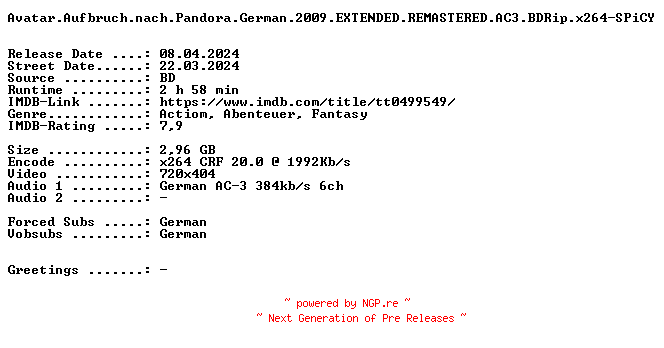 NFO for the release Avatar.Aufbruch.nach.Pandora.German.2009.EXTENDED.REMASTERED.AC3.BDRip.x264-SPiCY by SPiCY