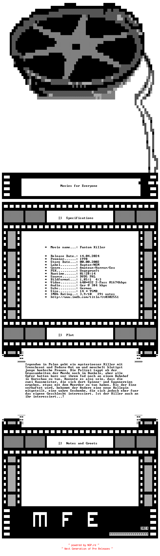 NFO for the release Fantom.Killer.German.1998.DVDRiP.x264-MFE by MFE