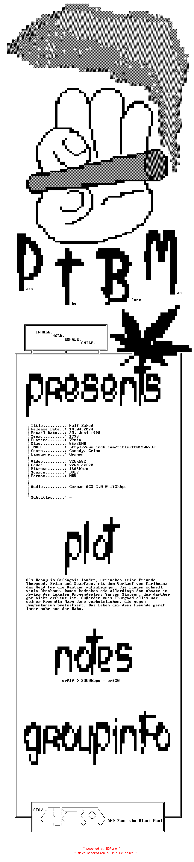 NFO for the release Half.Baked.1998.German.DVDRiP.x264.iNTERNAL-PtBM by PtBM