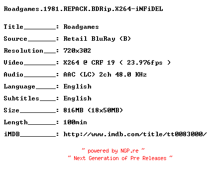 NFO for the release Roadgames.1981.REPACK.BDRip.X264-iNFiDEL by iNFiDEL