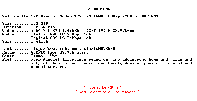NFO for the release Salo.or.the.120.Days.of.Sodom.1975.iNTERNAL.BDRip.x264-LiBRARiANS by LiBRARiANS