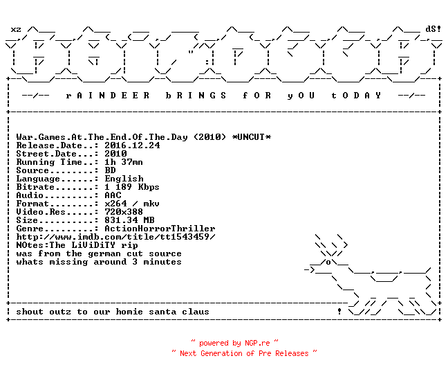 NFO for the release War.Games.At.The.End.Of.The.Day.2010.UNCUT.BDRiP.x264-RAiNDEER by RAiNDEER