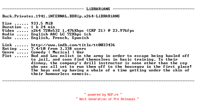NFO for the release Buck.Privates.1941.iNTERNAL.BDRip.x264-LiBRARiANS by LiBRARiANS