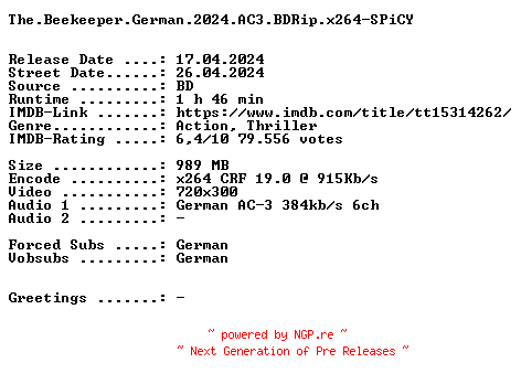 NFO for the release The.Beekeeper.German.2024.AC3.BDRip.x264-SPiCY by SPiCY