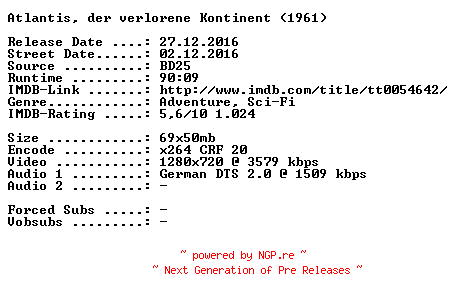 NFO for the release Atlantis.der.verlorene.Kontinent.1961.German.720p.BluRay.x264-SPiCY by SPiCY