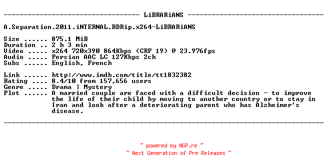 NFO for the release A.Separation.2011.iNTERNAL.BDRip.x264-LiBRARiANS by LiBRARiANS