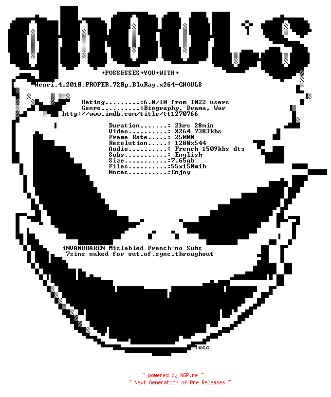 NFO for the release Henri.4.2010.PROPER.720p.BluRay.x264-GHOULS by GHOULS