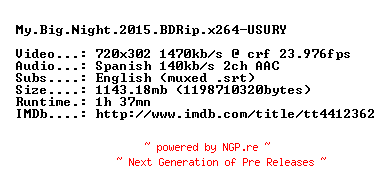 NFO for the release My.Big.Night.2015.BDRip.x264-USURY by USURY