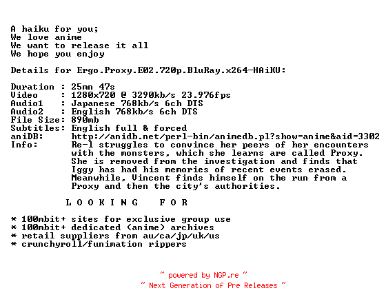 NFO for the release Ergo.Proxy.E02.720p.BluRay.x264-HAiKU by HAiKU