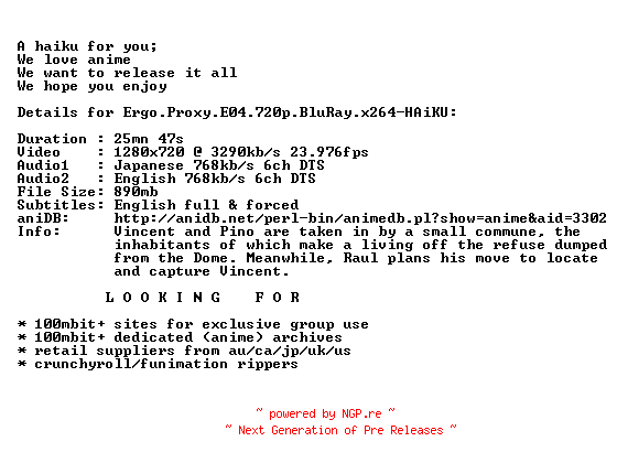 NFO for the release Ergo.Proxy.E04.720p.BluRay.x264-HAiKU by HAiKU