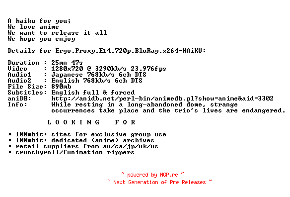 NFO for the release Ergo.Proxy.E14.720p.BluRay.x264-HAiKU by HAiKU