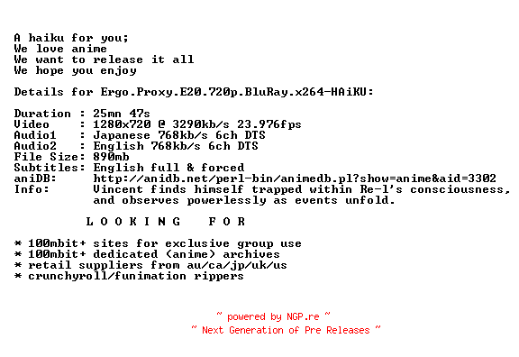 NFO for the release Ergo.Proxy.E20.720p.BluRay.x264-HAiKU by HAiKU