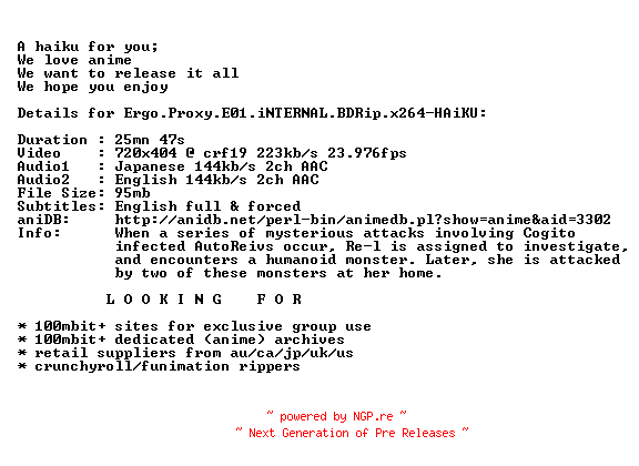 NFO for the release Ergo.Proxy.E01.iNTERNAL.BDRip.x264-HAiKU by HAiKU