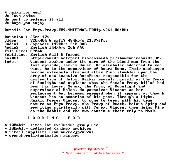 NFO for the release Ergo.Proxy.E09.iNTERNAL.BDRip.x264-HAiKU by HAiKU