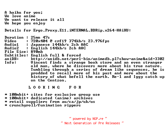 NFO for the release Ergo.Proxy.E11.iNTERNAL.BDRip.x264-HAiKU by HAiKU