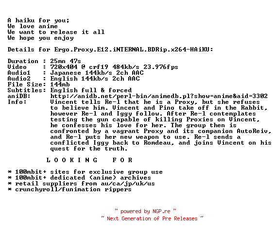 NFO for the release Ergo.Proxy.E12.iNTERNAL.BDRip.x264-HAiKU by HAiKU