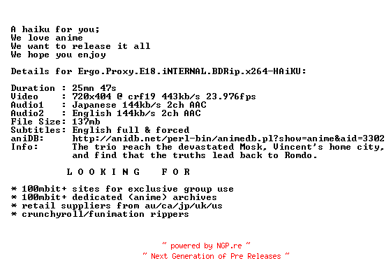 NFO for the release Ergo.Proxy.E18.iNTERNAL.BDRip.x264-HAiKU by HAiKU