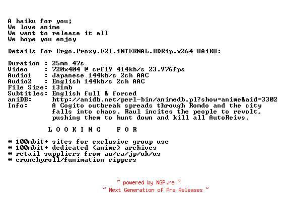NFO for the release Ergo.Proxy.E21.iNTERNAL.BDRip.x264-HAiKU by HAiKU