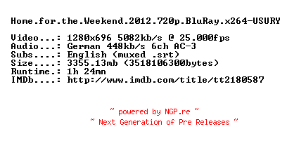 NFO for the release Home.for.the.Weekend.2012.720p.BluRay.x264-USURY by USURY