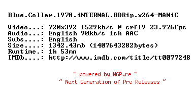 NFO for the release Blue.Collar.1978.iNTERNAL.BDRip.x264-MANiC by MANiC